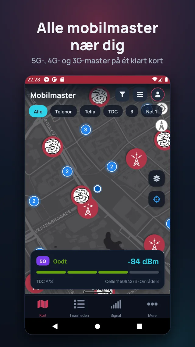 Alle mobilmaster nær dig. 5G-, 4G- og 3G-master på ét klart kort.