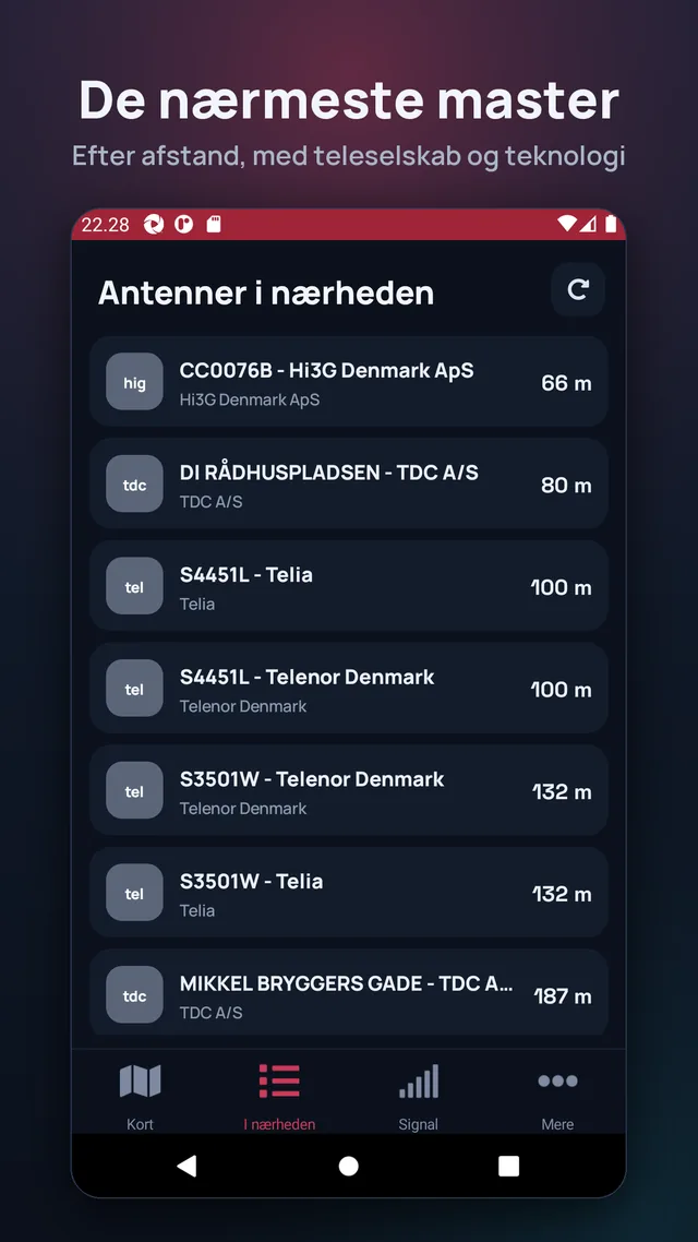 De nærmeste master. Efter afstand, med teleselskab og teknologi.