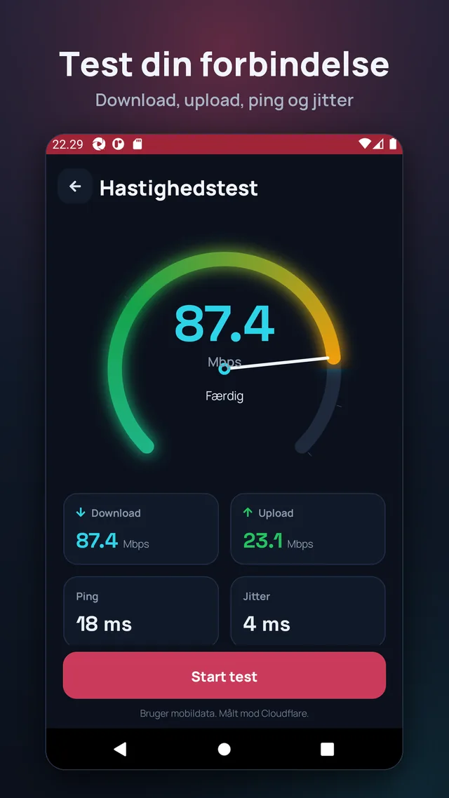 Test din forbindelse. Download, upload, ping og jitter.