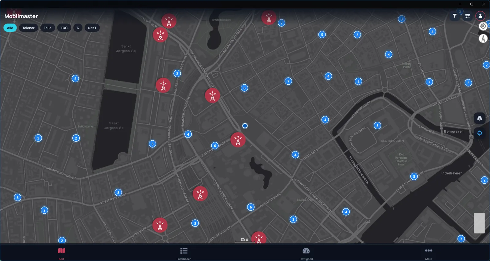 Alle mobilmaster nær dig. 5G-, 4G- og 3G-master på ét klart kort.