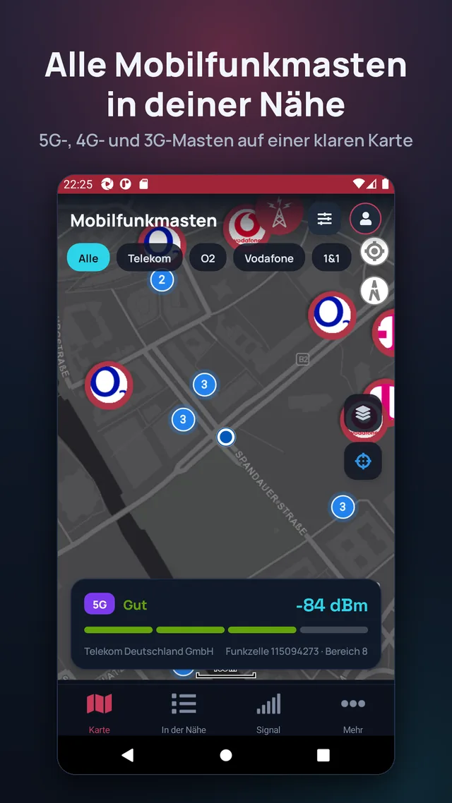 Alle Mobilfunkmasten in deiner Nähe. 5G-, 4G- und 3G-Masten auf einer klaren Karte.
