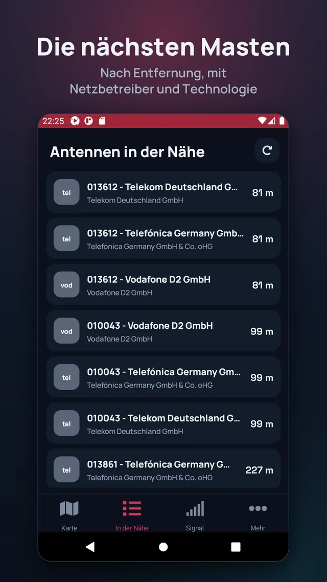 Die nächsten Masten. Nach Entfernung, mit Netzbetreiber und Technologie.