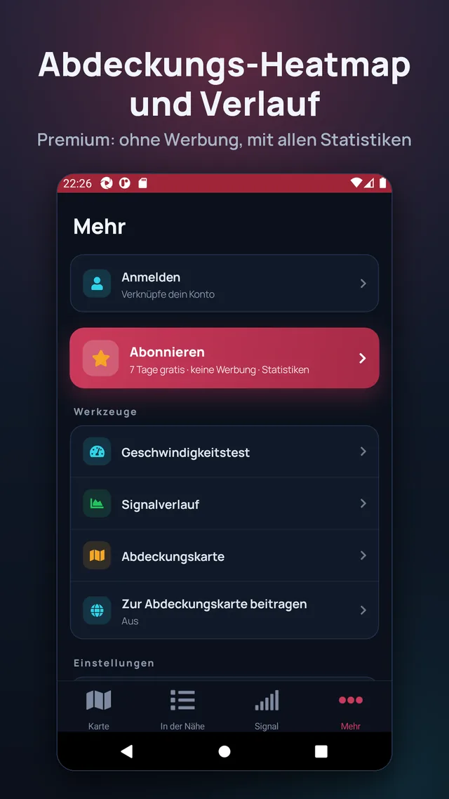 Abdeckungs-Heatmap und Verlauf. Premium: ohne Werbung, mit allen Statistiken.