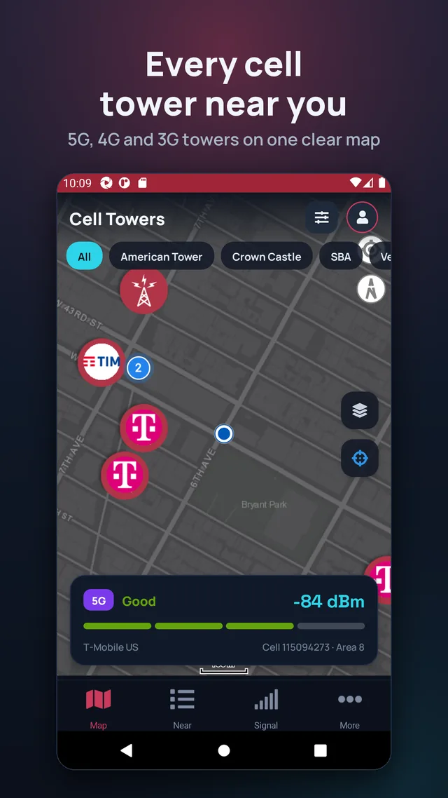 Every cell tower near you. 5G, 4G and 3G towers on one clear map.