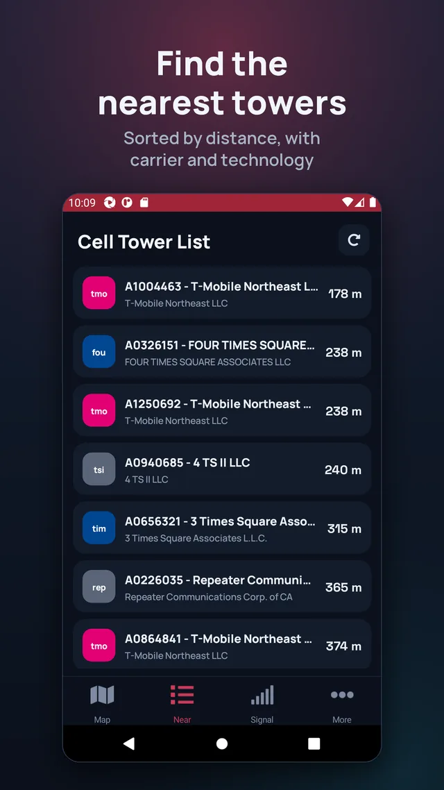 Find the nearest towers. Sorted by distance, with carrier and technology.