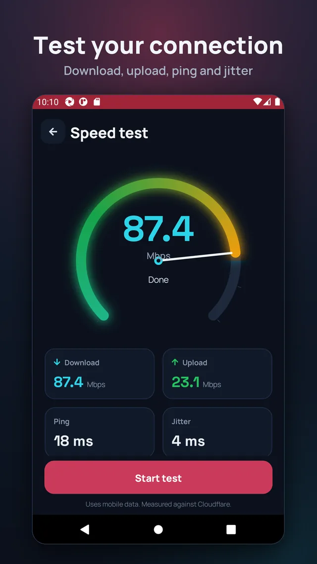 Test your connection. Download, upload, ping and jitter.
