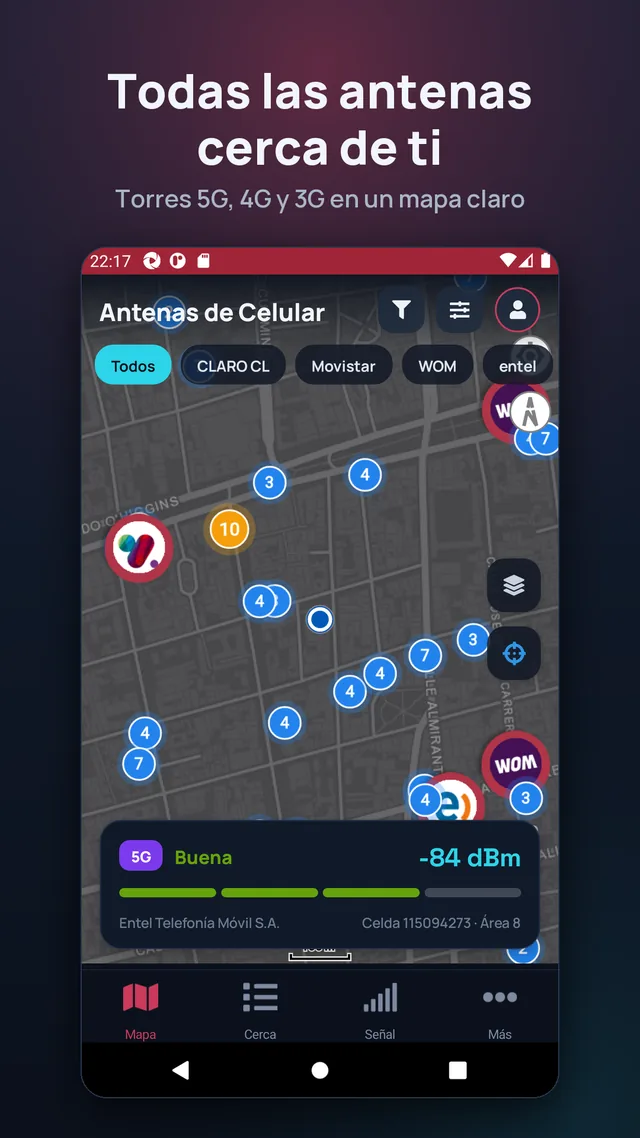 Todas las antenas cerca de ti. Torres 5G, 4G y 3G en un mapa claro.
