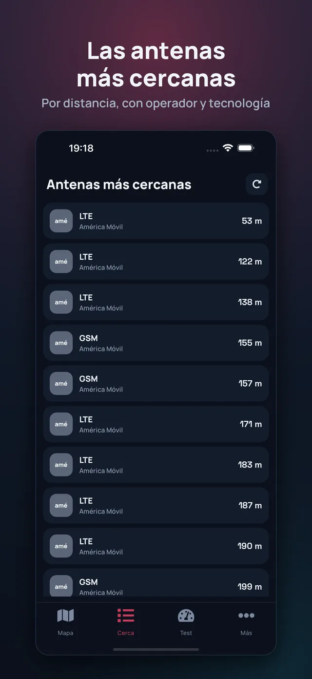 Las antenas más cercanas. Por distancia, con operador y tecnología.