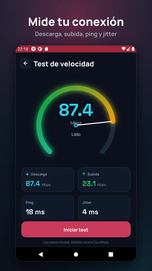 Mide tu conexión. Descarga, subida, ping y jitter.