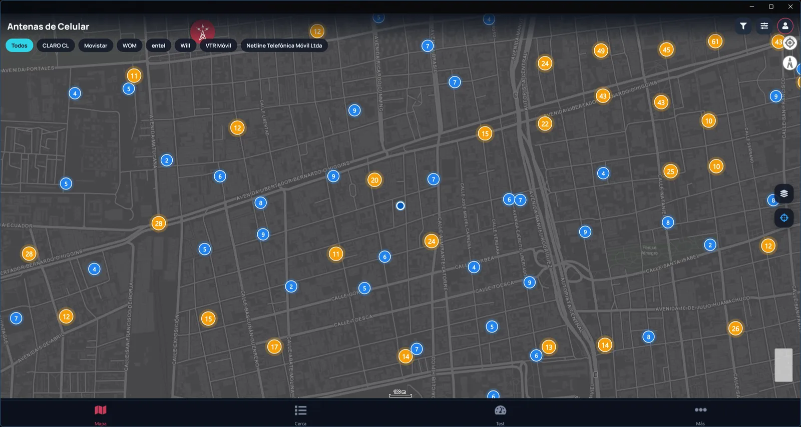 Todas las antenas cerca de ti. Torres 5G, 4G y 3G en un mapa claro.