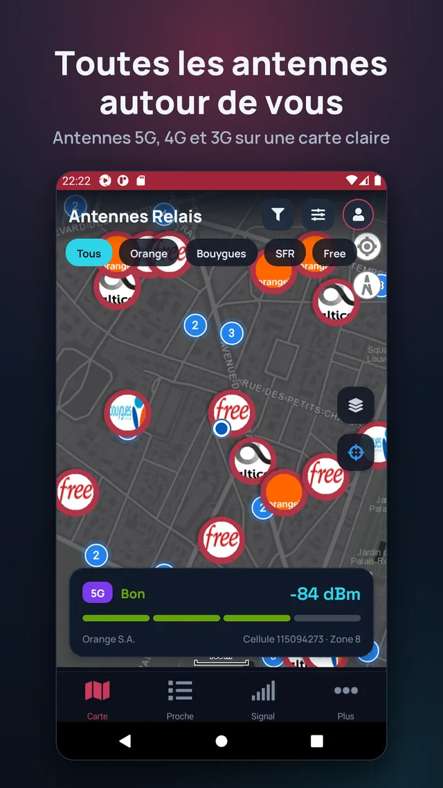 Toutes les antennes autour de vous. Antennes 5G, 4G et 3G sur une carte claire.