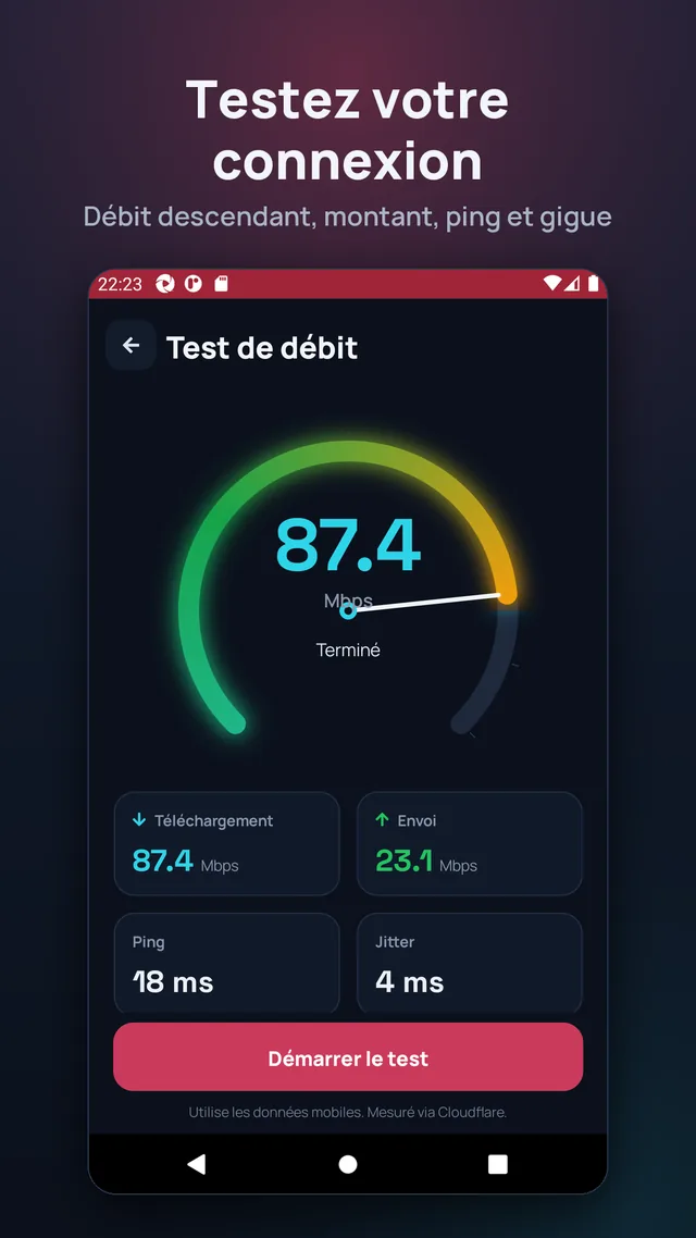 Testez votre connexion. Débit descendant, montant, ping et gigue.