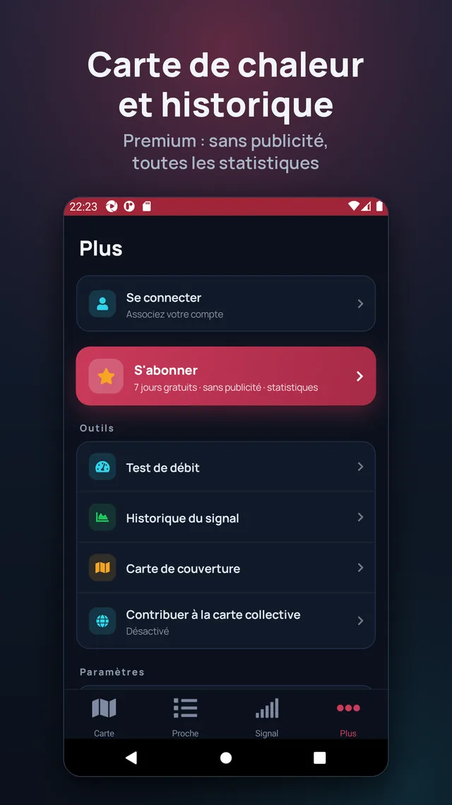 Carte de chaleur et historique. Premium : sans publicité, toutes les statistiques.