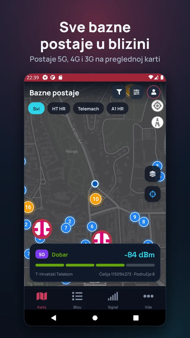 Sve bazne postaje u blizini. Postaje 5G, 4G i 3G na preglednoj karti.