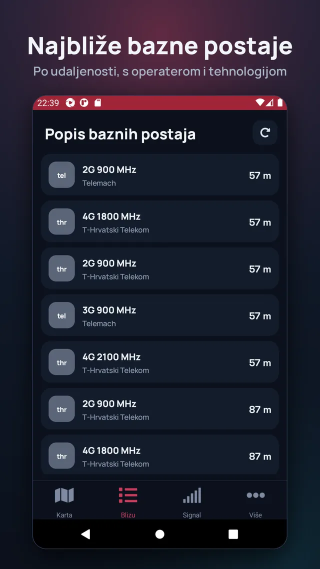 Najbliže bazne postaje. Po udaljenosti, s operaterom i tehnologijom.