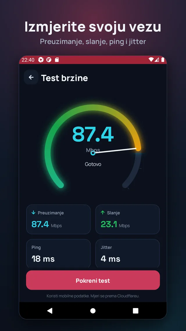 Izmjerite svoju vezu. Preuzimanje, slanje, ping i jitter.