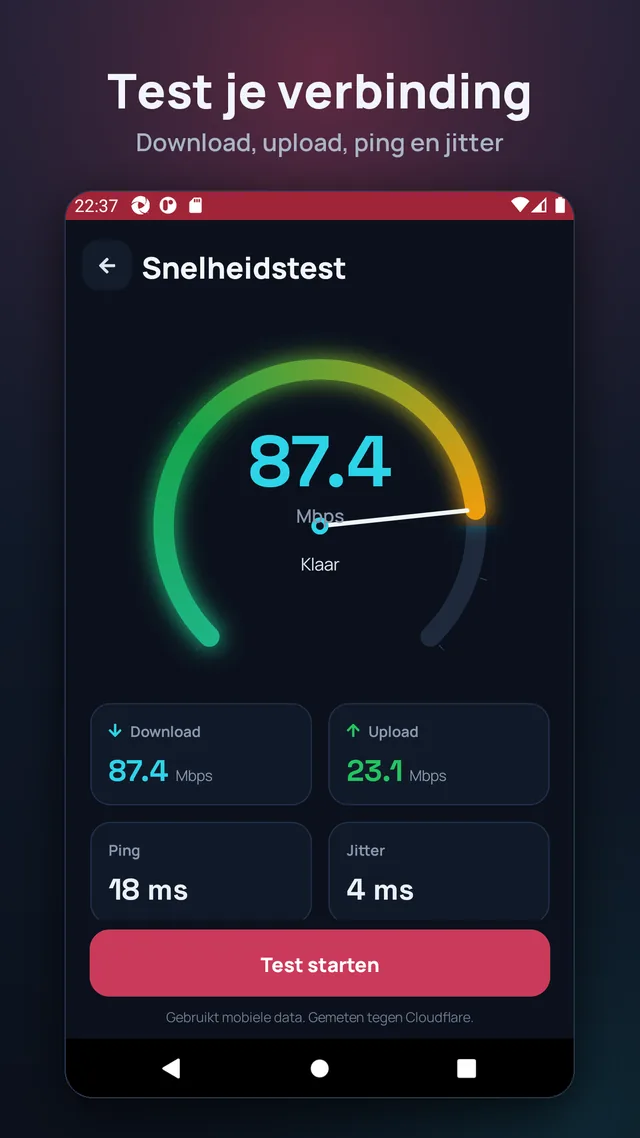 Test je verbinding. Download, upload, ping en jitter.