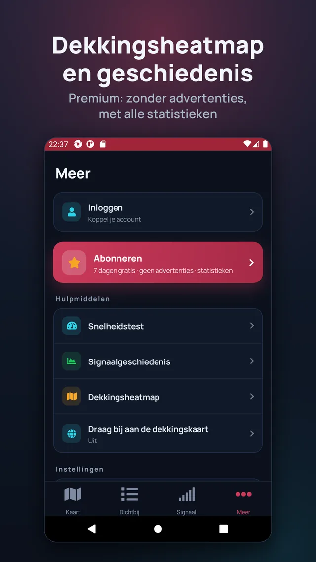 Dekkingsheatmap en geschiedenis. Premium: zonder advertenties, met alle statistieken.