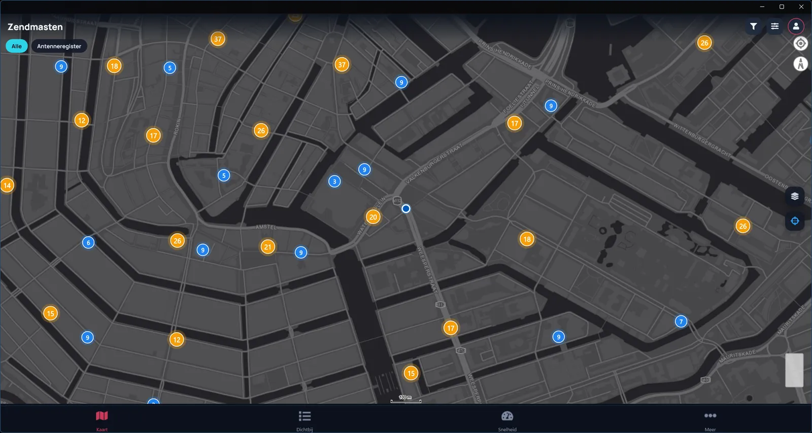 Alle zendmasten bij jou in de buurt. 5G-, 4G- en 3G-masten op een duidelijke kaart.