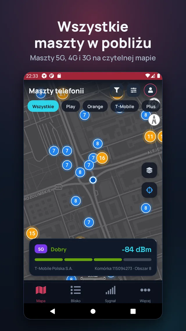 Wszystkie maszty w pobliżu. Maszty 5G, 4G i 3G na czytelnej mapie.