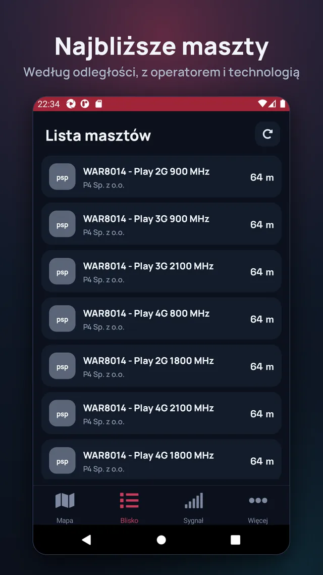 Najbliższe maszty. Według odległości, z operatorem i technologią.