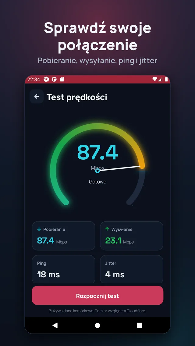 Sprawdź swoje połączenie. Pobieranie, wysyłanie, ping i jitter.