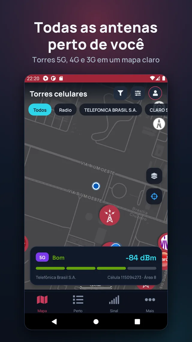 Todas as antenas perto de você. Torres 5G, 4G e 3G em um mapa claro.