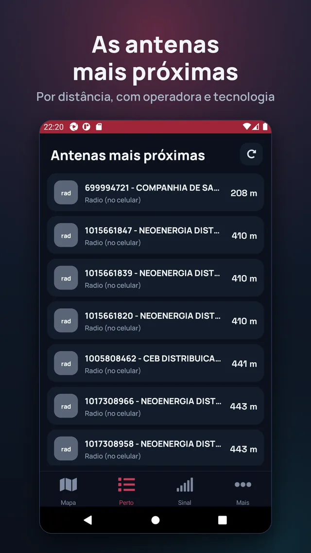 As antenas mais próximas. Por distância, com operadora e tecnologia.