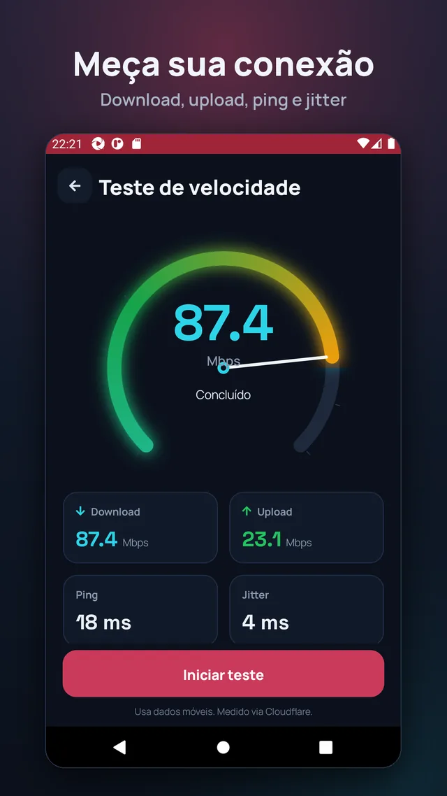 Meça sua conexão. Download, upload, ping e jitter.