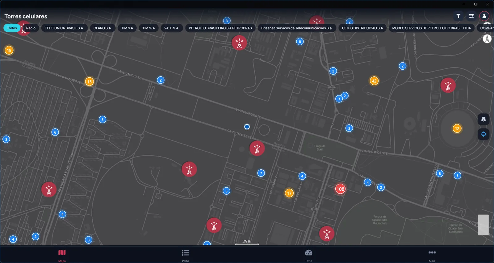 Todas as antenas perto de você. Torres 5G, 4G e 3G em um mapa claro.