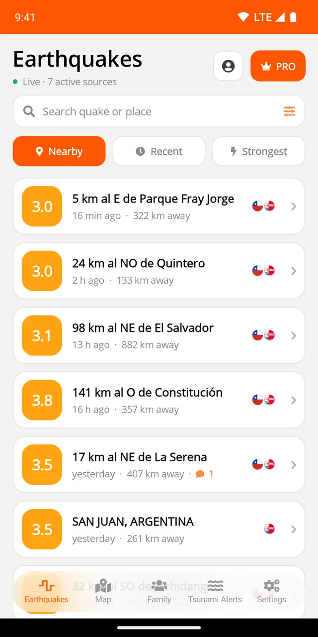 Nearby, recent and strong earthquakes, live