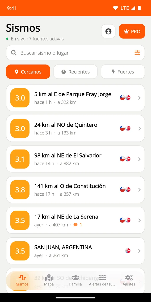 Sismos cercanos, recientes y fuertes, en vivo