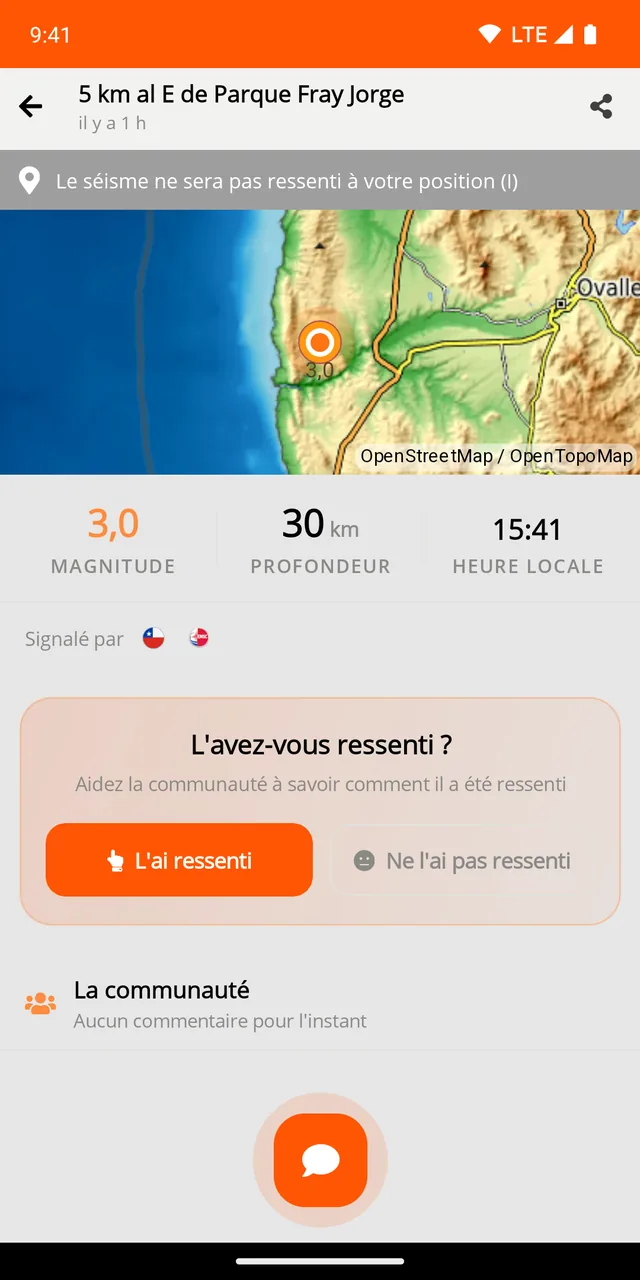 Détail du séisme : carte, magnitude, profondeur et « L’avez-vous ressenti ? »