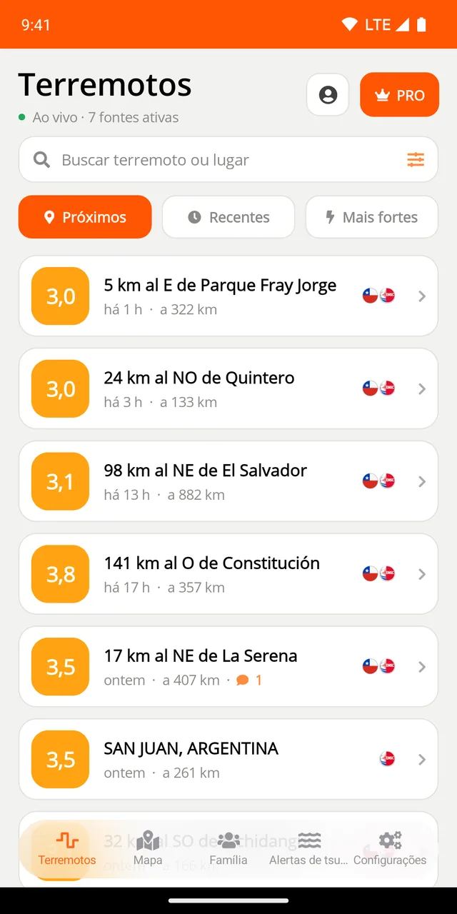 Terremotos próximos, recentes e fortes, ao vivo